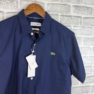 Lacoste Slim Fit Stretch Navy Blue Casual Short Sleeve Button Up Shirt Mens XL